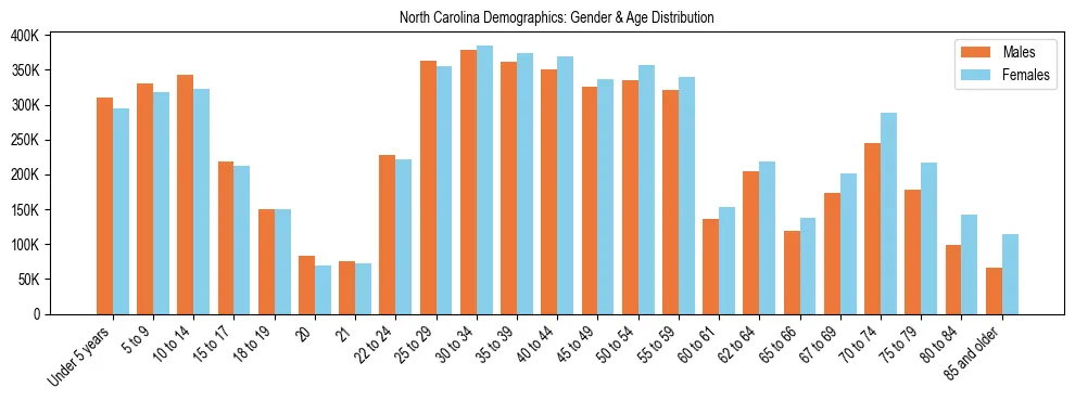 Population pyramid for North Carolina showing male vs female age distribution based on 2024 ACS data.