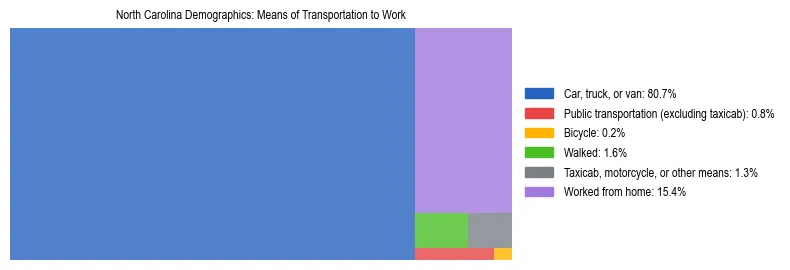 Treemap chart illustrating how workers in North Carolina commute to work based on 2024 ACS data.