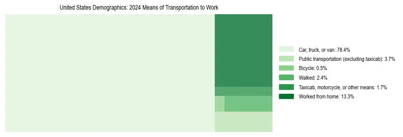 Treemap showing means of transportation to work distribution in the United States.