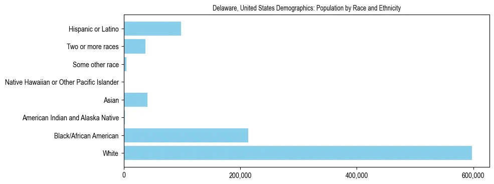 Demographics of Delaware, United States: Population by Race and Ethnicity. The breakdown of the population of Delaware, United States by population by race and ethnicity is based on the United States Census Bureau's 2022 American Community Survey (ACS) 5-Year Estimates.