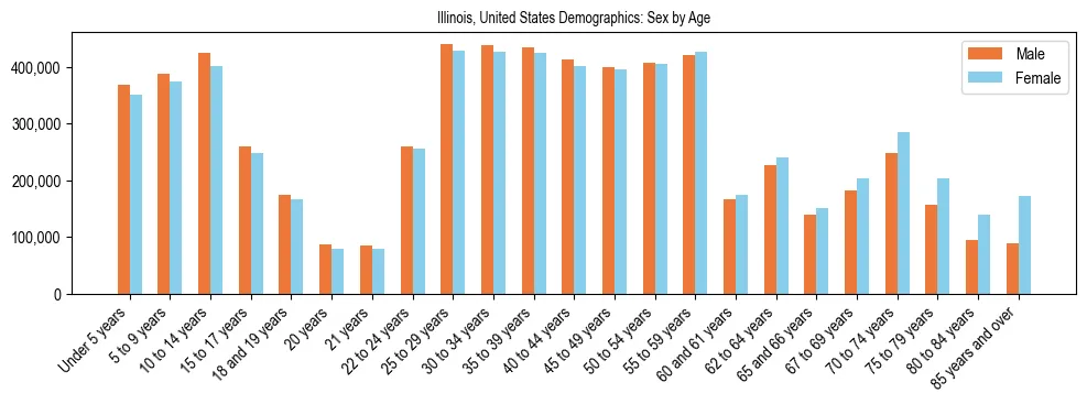 Demographics of Illinois, United States: Sex by Age. The breakdown of the population of Illinois, United States by sex by age is based on the United States Census Bureau's 2022 American Community Survey (ACS) 5-Year Estimates.