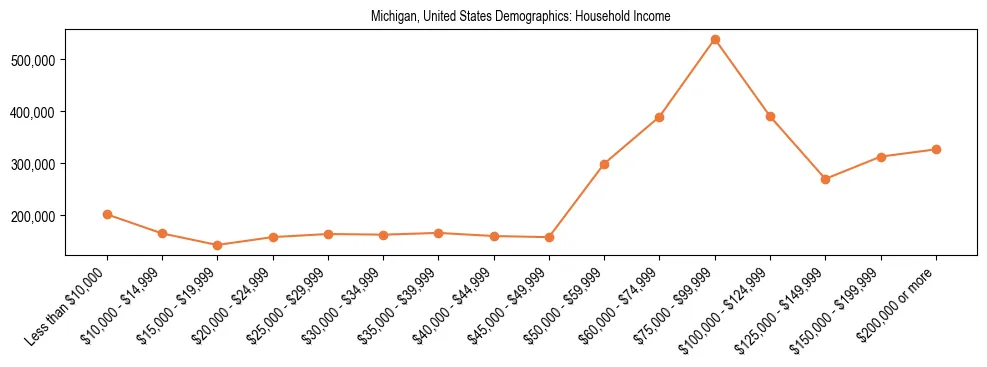 Demographics of Michigan, United States: Household Income. The breakdown of the population of Michigan, United States by household income is based on the United States Census Bureau's 2022 American Community Survey (ACS) 5-Year Estimates.