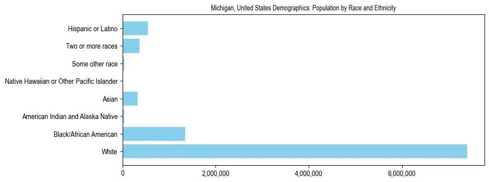 Demographics of Michigan, United States: Population by Race and Ethnicity. The breakdown of the population of Michigan, United States by population by race and ethnicity is based on the United States Census Bureau's 2022 American Community Survey (ACS) 5-Year Estimates.