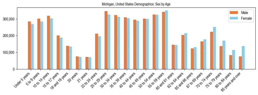 Demographics of Michigan, United States: Sex by Age. The breakdown of the population of Michigan, United States by sex by age is based on the United States Census Bureau's 2022 American Community Survey (ACS) 5-Year Estimates.