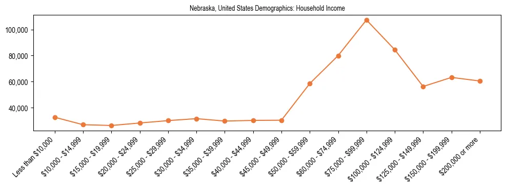 Demographics of Nebraska, United States: Household Income. The breakdown of the population of Nebraska, United States by household income is based on the United States Census Bureau's 2022 American Community Survey (ACS) 5-Year Estimates.