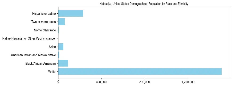 Demographics of Nebraska, United States: Population by Race and Ethnicity. The breakdown of the population of Nebraska, United States by population by race and ethnicity is based on the United States Census Bureau's 2022 American Community Survey (ACS) 5-Year Estimates.