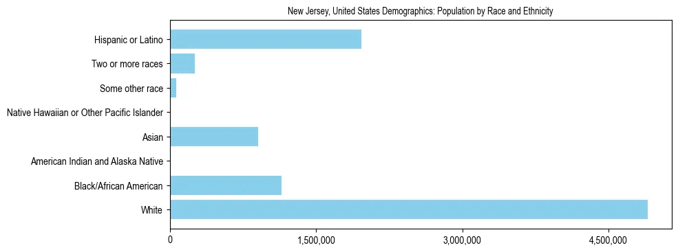 Demographics of New Jersey, United States: Population by Race and Ethnicity. The breakdown of the population of New Jersey, United States by population by race and ethnicity is based on the United States Census Bureau's 2022 American Community Survey (ACS) 5-Year Estimates.