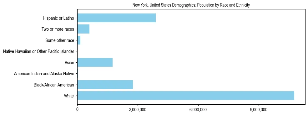 Demographics of New York, United States: Population by Race and Ethnicity. The breakdown of the population of New York, United States by population by race and ethnicity is based on the United States Census Bureau's 2022 American Community Survey (ACS) 5-Year Estimates.