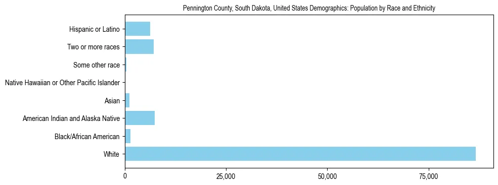 Demographics of Pennington County, South Dakota, United States: Population by Race and Ethnicity. The breakdown of the population of Pennington County, United States by population by race and ethnicity is based on the United States Census Bureau's 2022 American Community Survey (ACS) 5-Year Estimates.