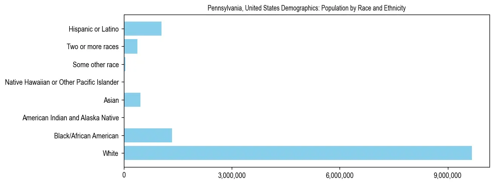 Demographics of Pennsylvania, United States: Population by Race and Ethnicity. The breakdown of the population of Pennsylvania, United States by population by race and ethnicity is based on the United States Census Bureau's 2022 American Community Survey (ACS) 5-Year Estimates.