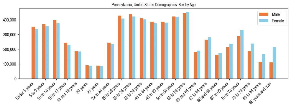 Demographics of Pennsylvania, United States: Sex by Age. The breakdown of the population of Pennsylvania, United States by sex by age is based on the United States Census Bureau's 2022 American Community Survey (ACS) 5-Year Estimates.