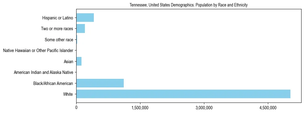 Demographics of Tennessee, United States: Population by Race and Ethnicity. The breakdown of the population of Tennessee, United States by population by race and ethnicity is based on the United States Census Bureau's 2022 American Community Survey (ACS) 5-Year Estimates.