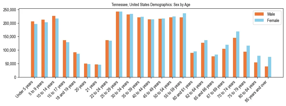 Demographics of Tennessee, United States: Sex by Age. The breakdown of the population of Tennessee, United States by sex by age is based on the United States Census Bureau's 2022 American Community Survey (ACS) 5-Year Estimates.