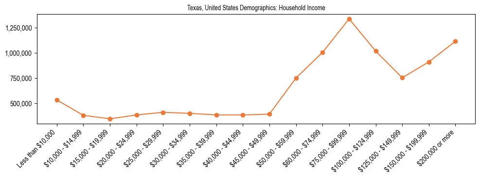 Demographics of Texas, United States: Household Income. The breakdown of the population of Texas, United States by household income is based on the United States Census Bureau's 2022 American Community Survey (ACS) 5-Year Estimates.