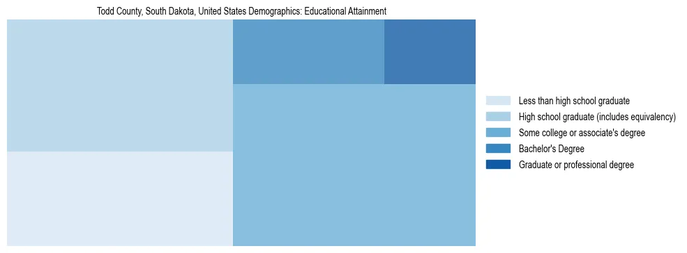 Demographics of Todd County, South Dakota, United States: Educational Attainment. The breakdown of the population of Todd County, United States by educational attainment is based on the United States Census Bureau's 2022 American Community Survey (ACS) 5-Year Estimates.