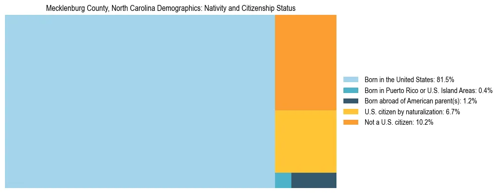 Treemap showing population distribution by nativity and citizenship status in Mecklenburg County, North Carolina based on 2023 ACS data.