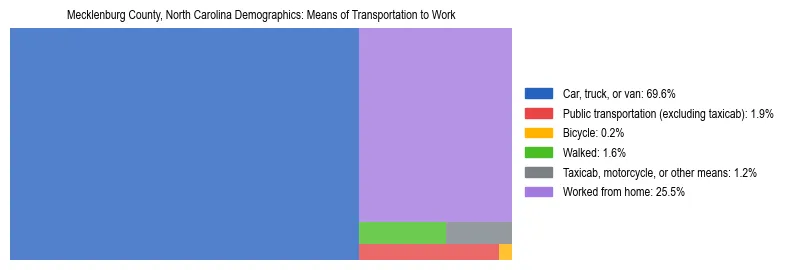 Treemap chart illustrating how workers in Mecklenburg County, North Carolina commute to work based on 2023 ACS data.
