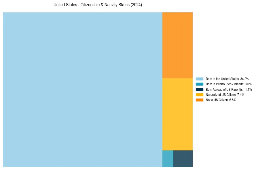Treemap showing the population distribution by nativity and citizenship status in the United States based on U.S. Census data.